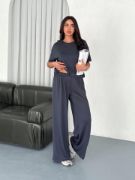 Osy Modal Yumuşak Dokulu Kumaş Bisiklet Yaka T-shirt Bol Paça Pantalon Ikili Takım -Antrasit resmi